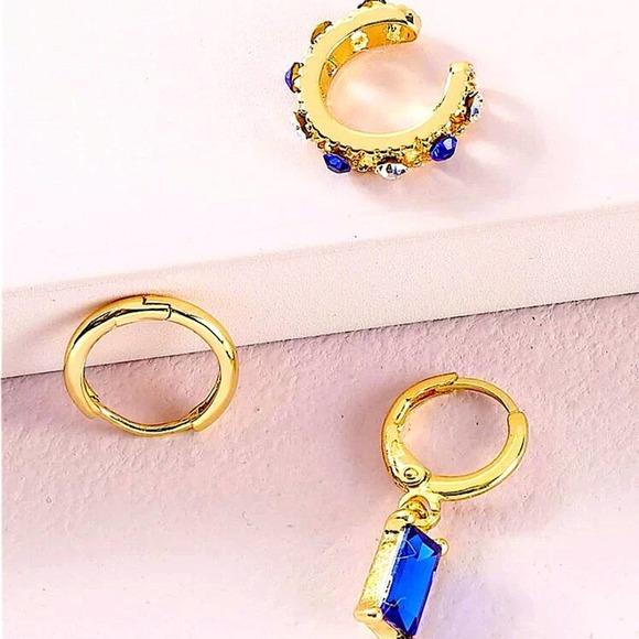 Gold Plated Cuff Earring Three Piece Sapphire Blue Minimalist Set - Picture 2 of 2